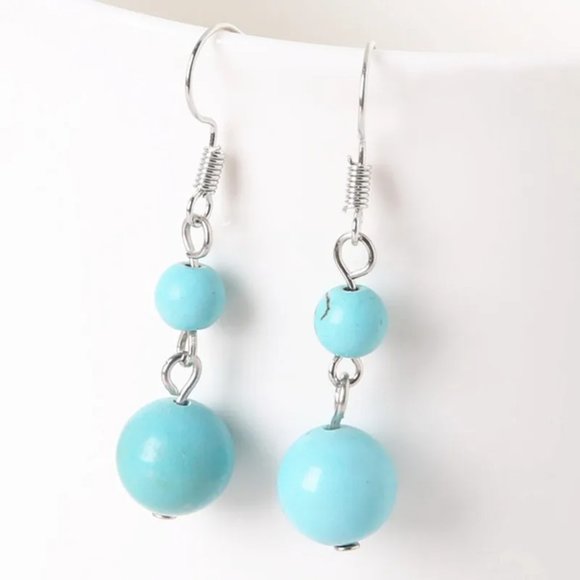 Turquoise Natural Stone Gemstone Round Beaded Healing Dangle Earrings - Picture 2 of 2